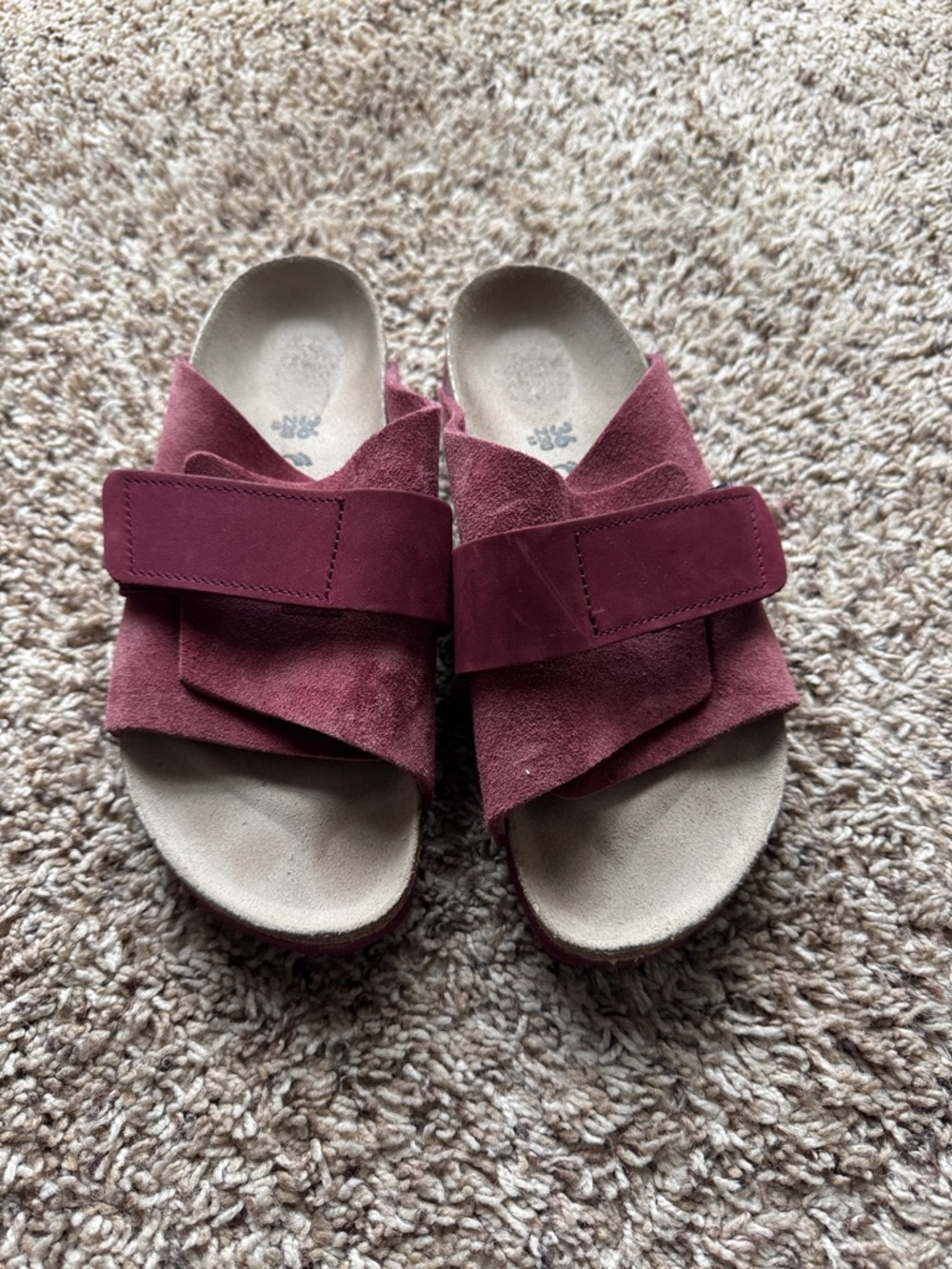 Birkenstock Adjustable Velcro Suede Slide Sandals in Deep Wine